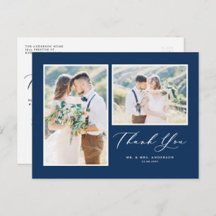 Script Navy Blue Two Foto Wedding Vielen Dank Postkarte