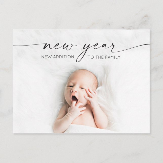 Script New Year New Baby Birence Announcement Foto Postkarte (Vorderseite)