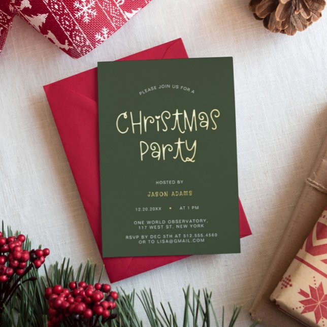 Script Olive Green Christmas Party Foil Einladung (Von Creator hochgeladen)