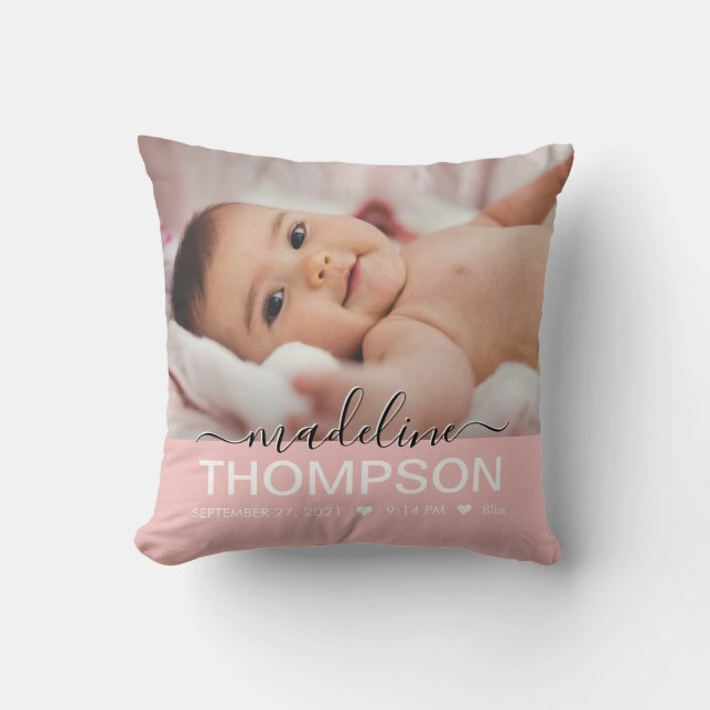 Script Pink Baby Newborn Keepake Name Foto Kissen (Vorderseite)