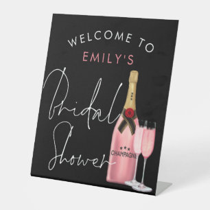Script Pink Champagne Name Willkommen Brautparty Sockelschild