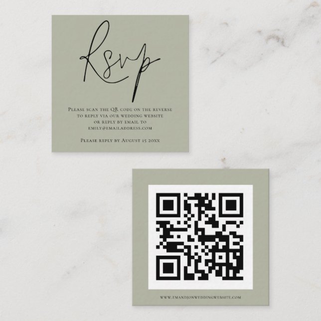Script QR Code Soft Sage Green Wedding RSVP Begleitkarte (Vorne/Hinten)