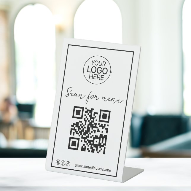 Script QR-Logokombination Contacless Menü Social M Sockelschild (Script QR Code Logo Contactless Menu Social Media Pedestal Sign)