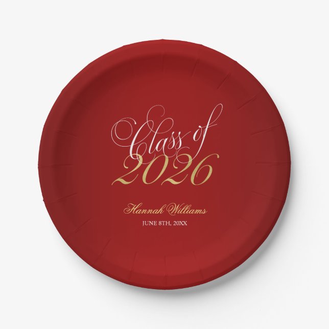Script Red Imitats Gold 2025 Graduation Party Pappteller (Vorderseite)