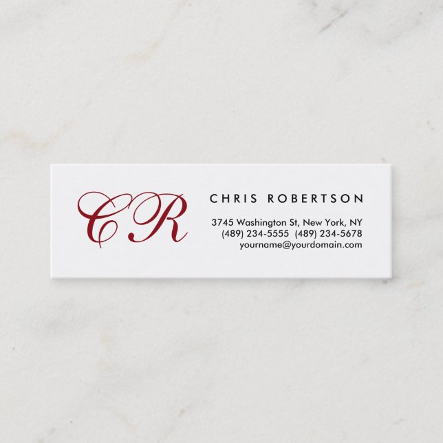 Script Red Monogram White Slide Size Business Card Mini Visitenkarte (Vorderseite)