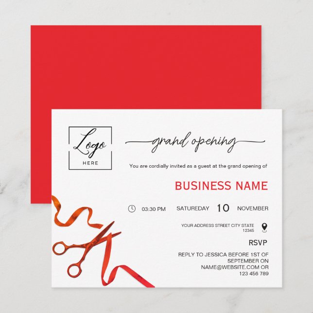 Script Red Ribbon Cutting Grand Opening Invitation Einladung (Vorne/Hinten)