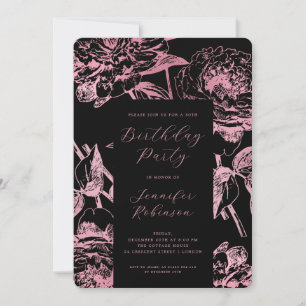 Script Rose Gold Floral Geburtstagsparty Black Einladung