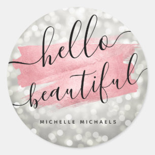 Script Rose Gold Silver Lights "Hello Beautiful" Runder Aufkleber