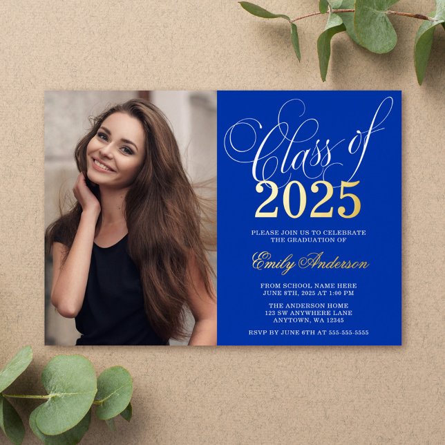 Script Royal Blue 2025 Foto Graduation Party Gold Folieneinladung (Von Creator hochgeladen)