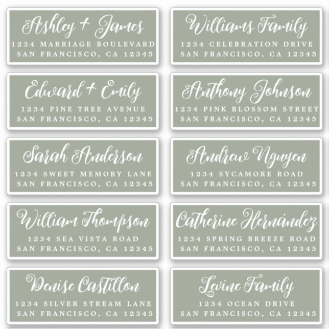 Script Sage Green Wedding Guest Address Labels (Vorderseite)