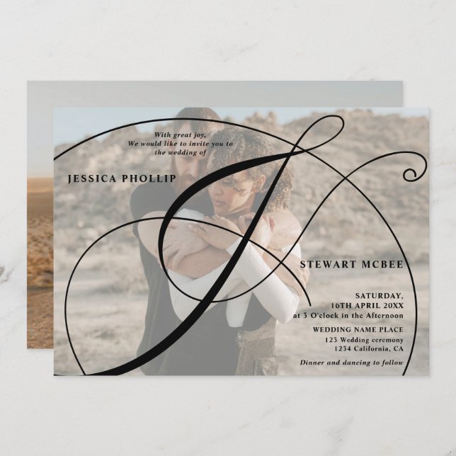 Script Schwarz-weiß 2 Foto Kalligraphie Hochzeit Einladung (Vorne/Hinten)