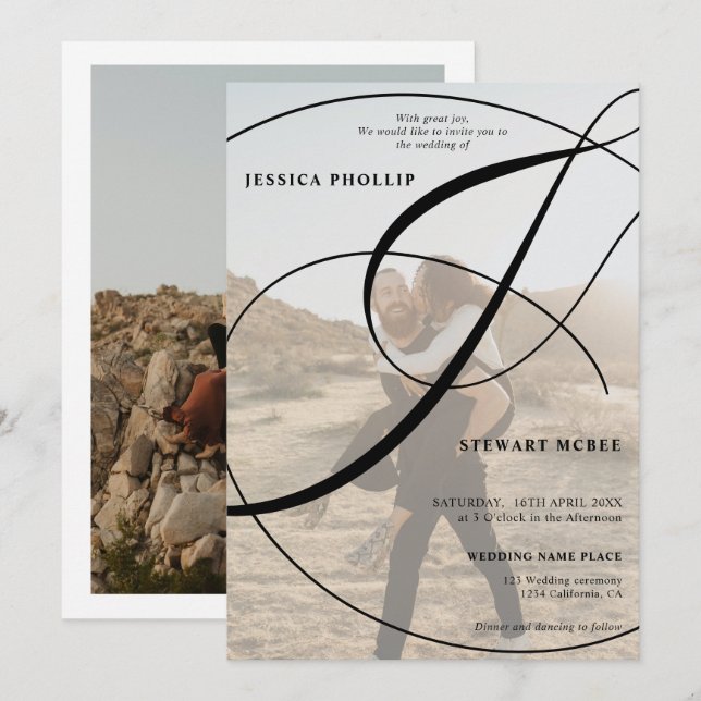 Script Schwarz-weiß 2 Foto Kalligraphie Hochzeit Einladung (Vorne/Hinten)