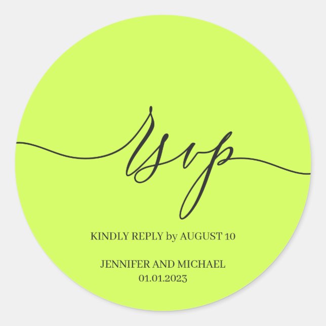 Script Signature Elegant Wedding RSVP Cyber Lime Runder Aufkleber (Vorderseite)