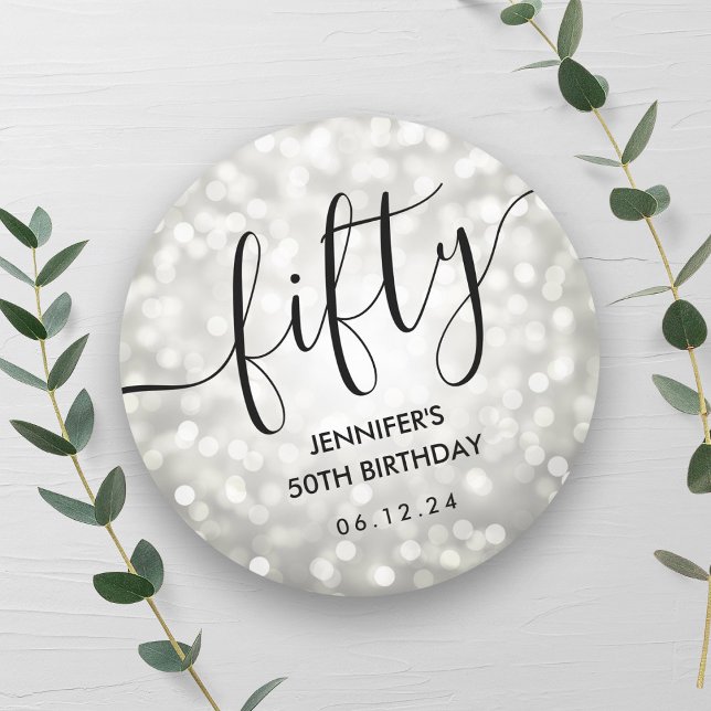Script Silver Glitzer Lights 50. Geburtstag Runder Aufkleber (Script Silver Glitter Lights 50th Birthday Classic Round Sticker)