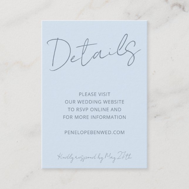 Script Soft Blue Wedding Website Details QR Modern Begleitkarte (Vorderseite)