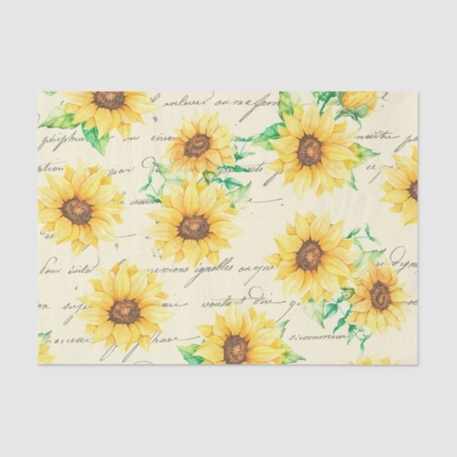 Script Sonnenblumen Vintage Blumendekoupage Seidenpapier (Vorderseite)