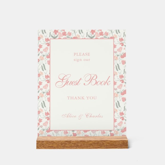 Script Sweet Pea Floral Cream and Pink Wedding Acrylschild (Vorderseite)