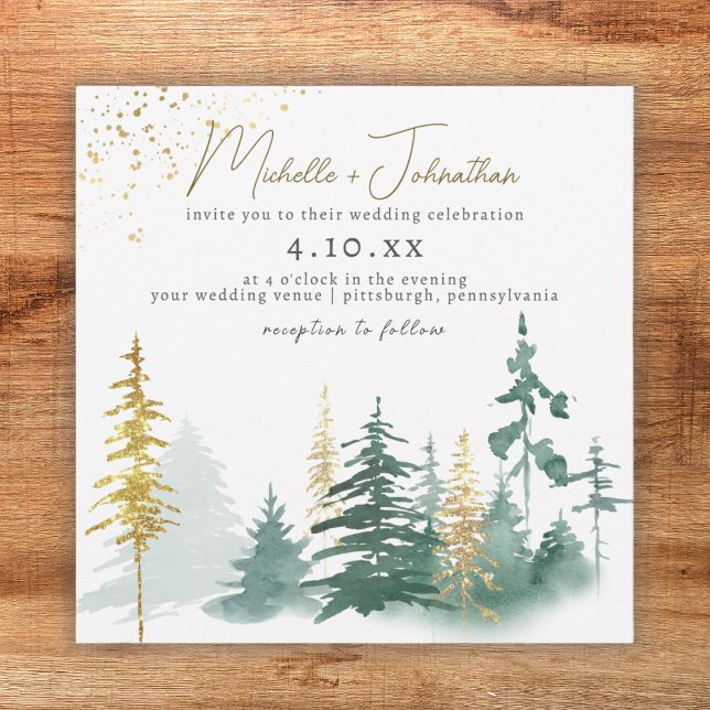 Script Trendy Gold Green Forest Rustic Wedding Einladung (Von Creator hochgeladen)