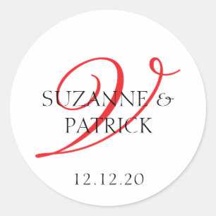 Script V Monogram Labels (rot / schwarz) Runder Aufkleber