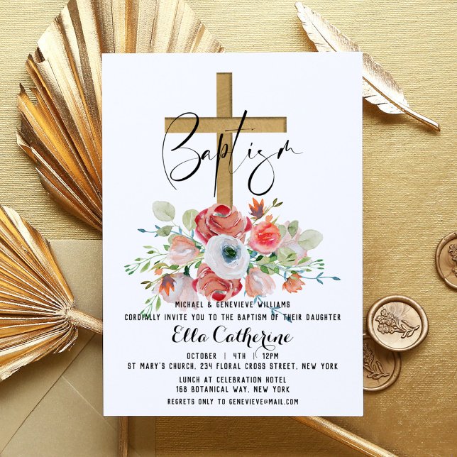 Script Watercolor Floral Cross Taufe Einladung (Von Creator hochgeladen)