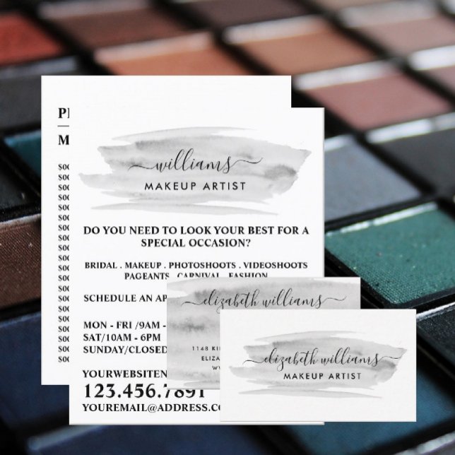 Script Watercolor Grau Pinselstrich Makeup Artist Flyer (Von Creator hochgeladen)
