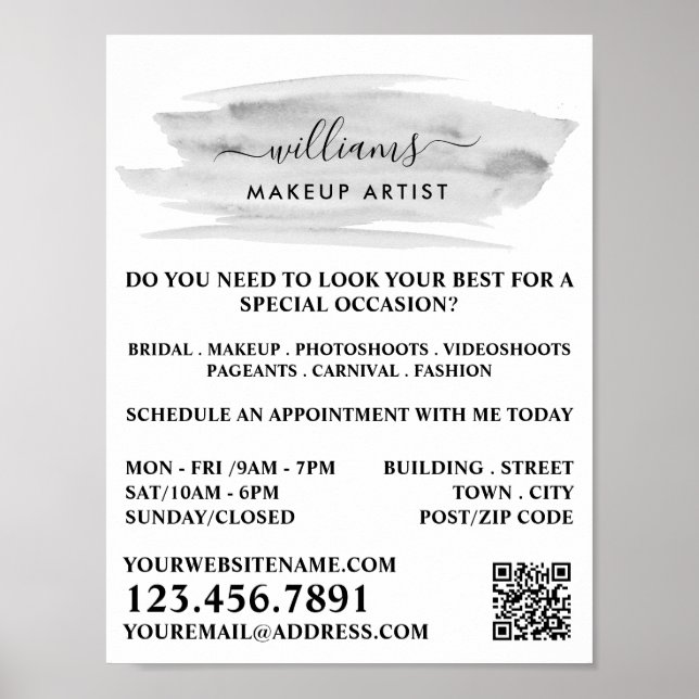 Script Watercolor Grau Pinselstrich Makeup Artist Poster (Vorne)