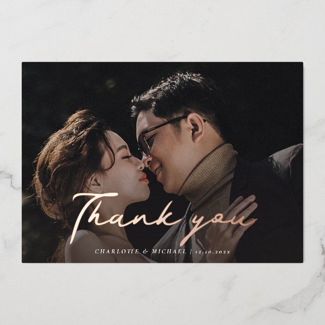 Script Wedding Foto Rose Gold Foil Danke Karte (Vorderseite)