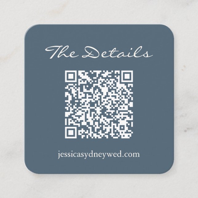 Script Wedding RSVP Details QR Code Dunkelblau Begleitkarte (Vorderseite)