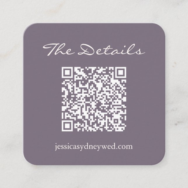 Script Wedding RSVP Details QR Code Lila Begleitkarte (Vorderseite)