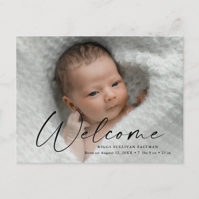 Script Welcome Baby Foto Birth Danke Postkarte (Vorderseite)