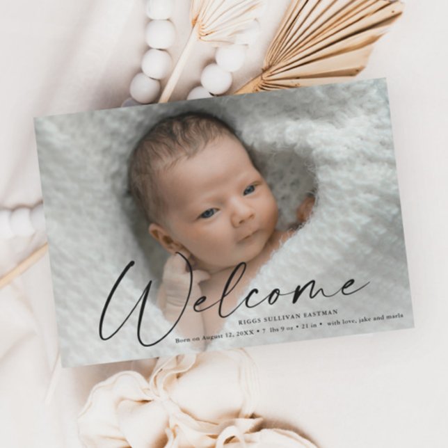Script Welcome Baby Foto Geburtserklärung Magneteinladung (Von Creator hochgeladen)