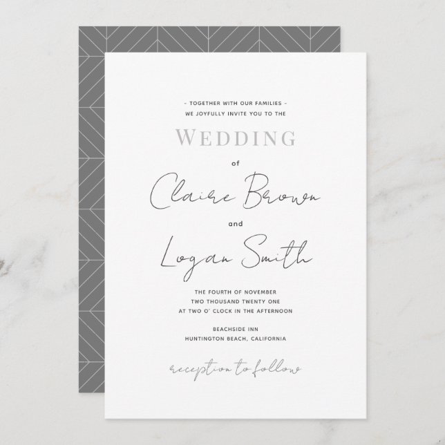 Script White Modern Wedding Einladung (Vorne/Hinten)