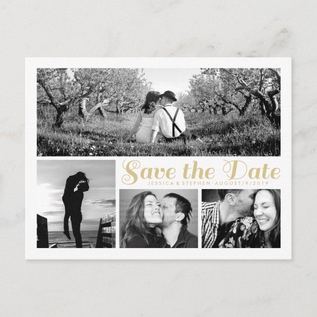 Script White Save the Date Collage Postcard Ankündigungspostkarte (Vorderseite)
