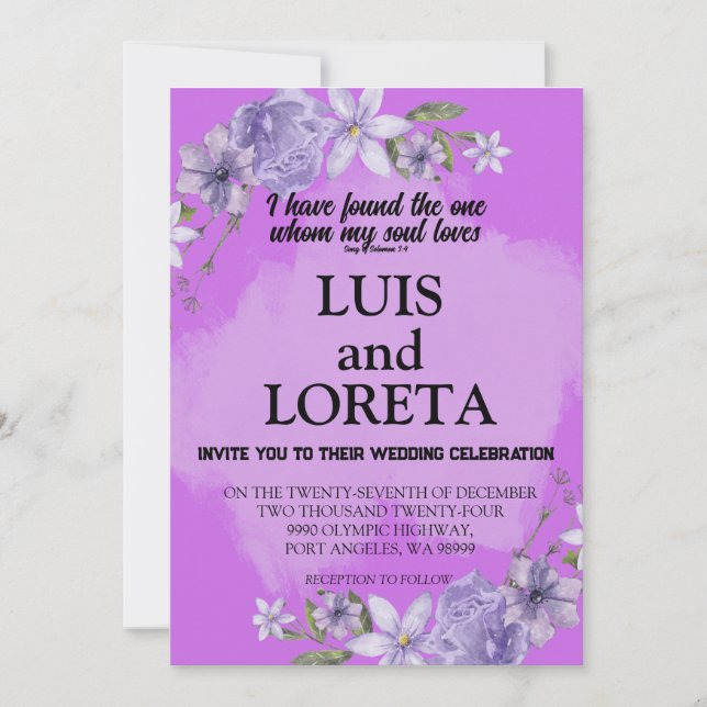 Scripture Wedding Invitation Card I fand Lila Einladung (Vorderseite)