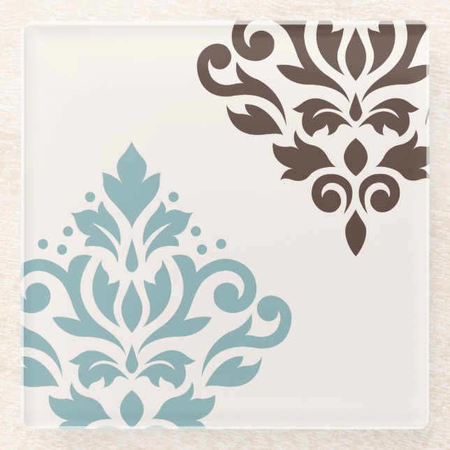 Scroll Damask Art I Aquamarin Brown Creme Glasuntersetzer (Vorderseite)
