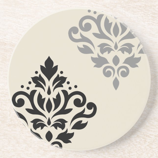 Scroll Damask Art I Black Gray Creme Getränkeuntersetzer (Vorne)