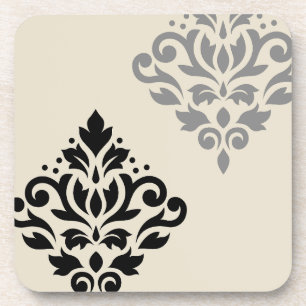 Scroll Damask Art I Black Gray Creme Getränkeuntersetzer
