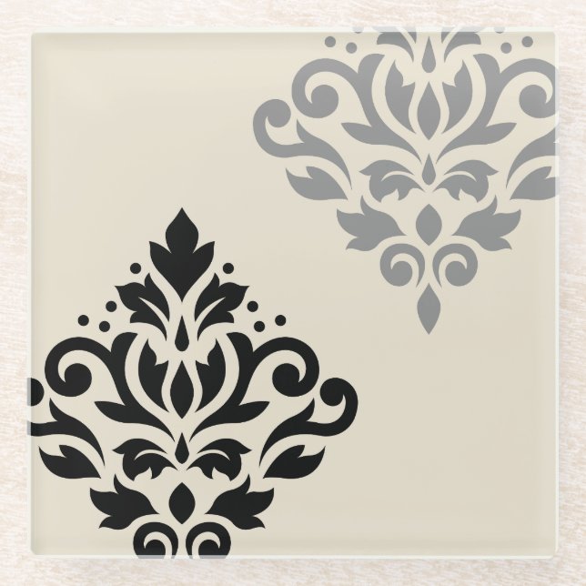 Scroll Damask Art I Black Gray Creme Glasuntersetzer (Vorderseite)