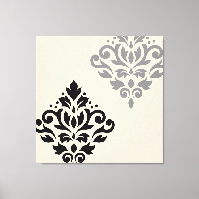 Scroll Damask Art I Black Gray Creme Leinwanddruck (Vorderseite)