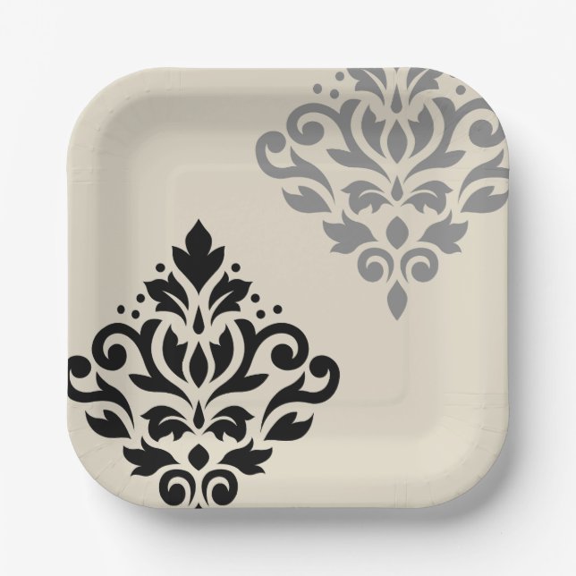 Scroll Damask Art I Black Gray Creme Pappteller (Vorderseite)