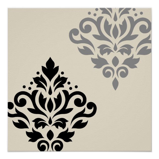 Scroll Damask Art I Black Gray Creme Poster (Vorderseite)