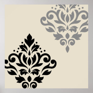 Scroll Damask Art I Black Gray Creme Poster