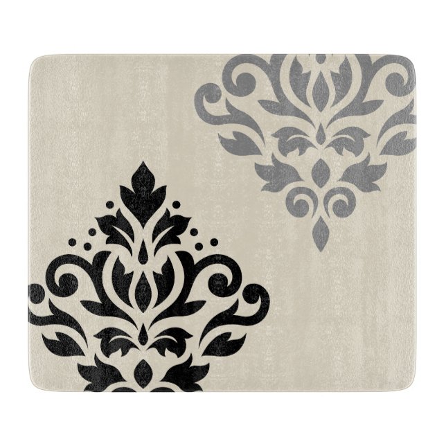 Scroll Damask Art I Black Gray Creme Schneidebrett (Vorderseite)