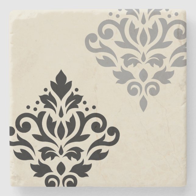 Scroll Damask Art I Black Gray Creme Steinuntersetzer (Vorderseite)