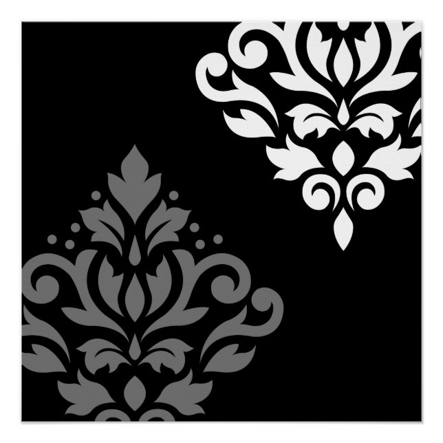 Scroll Damask Art I Black Gray White Poster (Vorderseite)