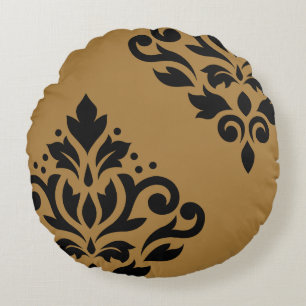 Scroll Damask Art I Black on Gold Rundes Kissen