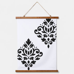 Scroll Damask Art I Black on White Wandteppich Mit Holzrahmen
