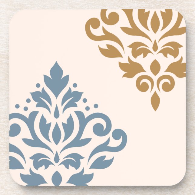 Scroll Damask Art I Blue Gold Creme Getränkeuntersetzer (Vorderseite)