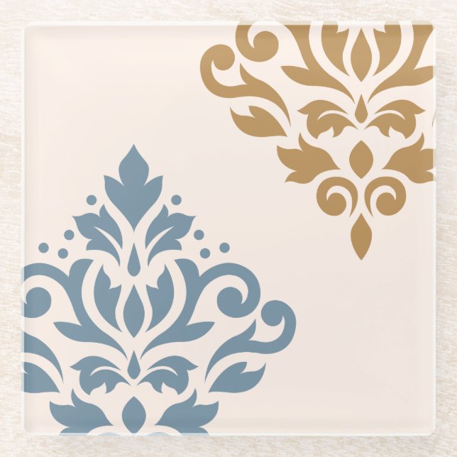 Scroll Damask Art I Blue Gold Creme Glasuntersetzer (Vorderseite)
