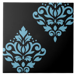 Scroll Damask Art I Blue on Black Fliese